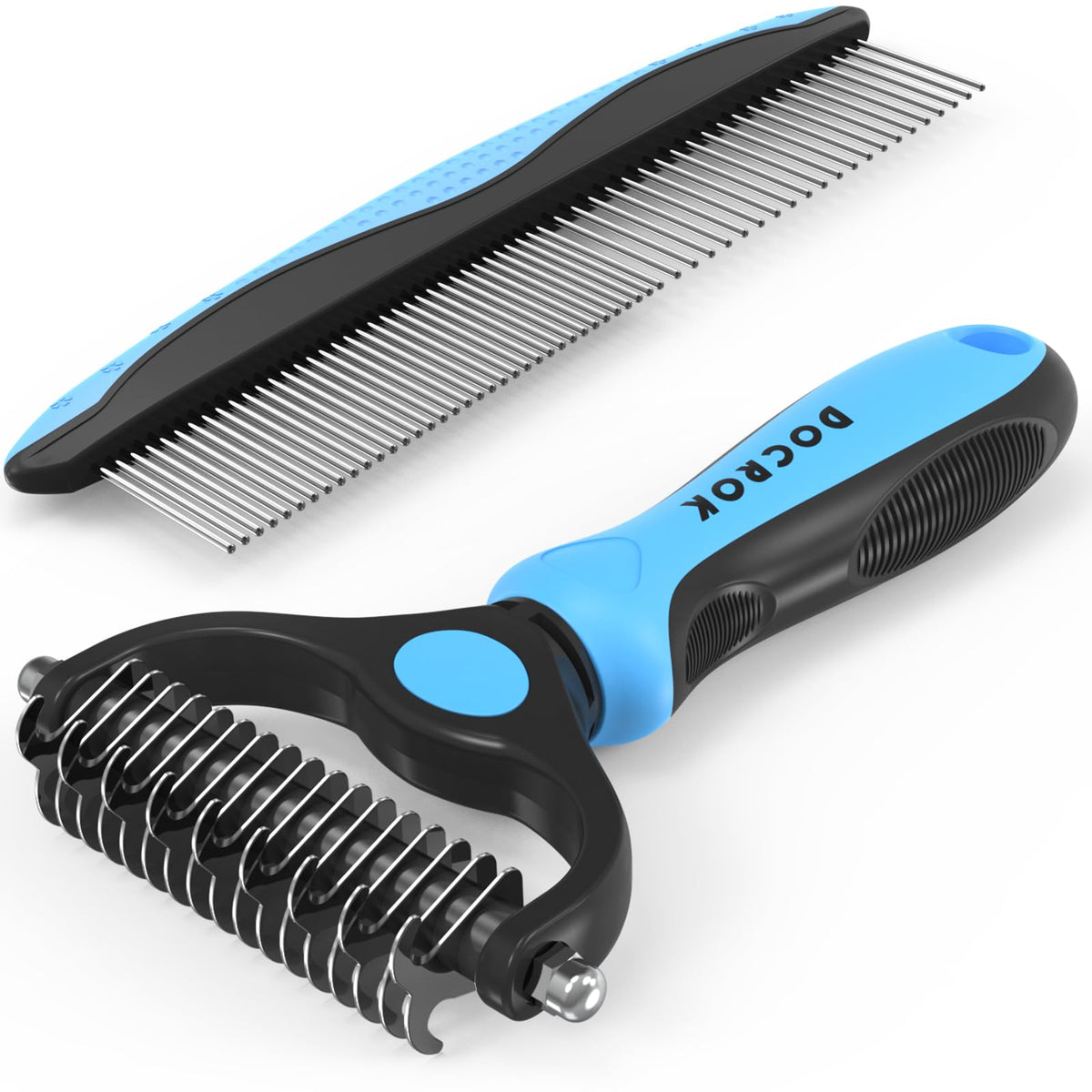 Blue Docrok deshedding brush and metal comb for detangling and dematting long pet fur
