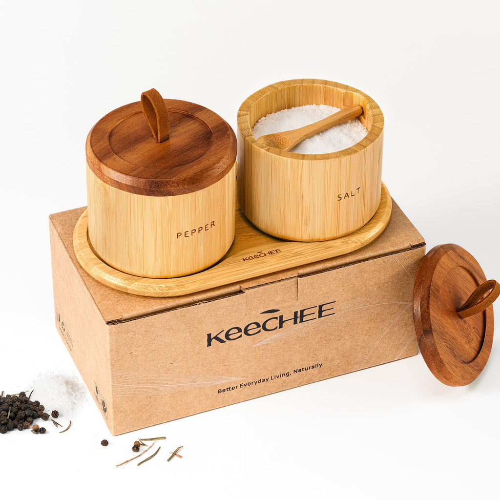 keechee Salt Cellar with Acacia Lid & Spoon, 7.7oz Capacity with Built-In Spoon Slot & Labels, Two-Tone Countertop Seasoning Container (Single Compartment - 2 Pack)