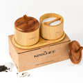 keechee Salt Cellar with Acacia Lid & Spoon, 7.7oz Capacity with Built-In Spoon Slot & Labels, Two-Tone Countertop Seasoning Container (Single Compartment - 2 Pack)