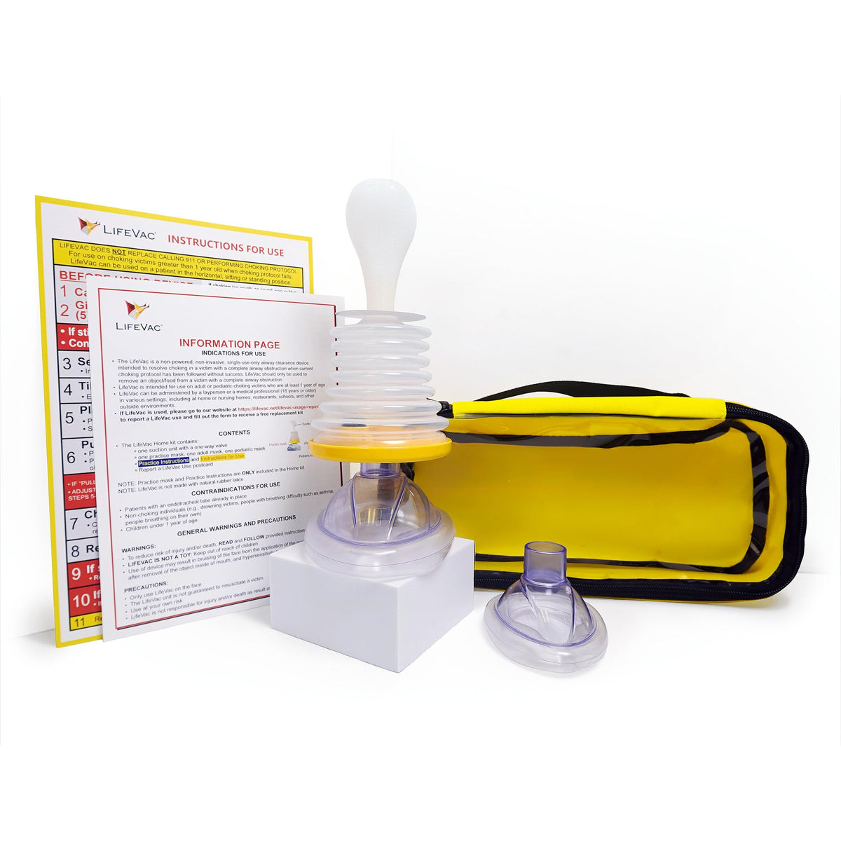 Yellow LifeVac portable suction rescue device in travel pouch