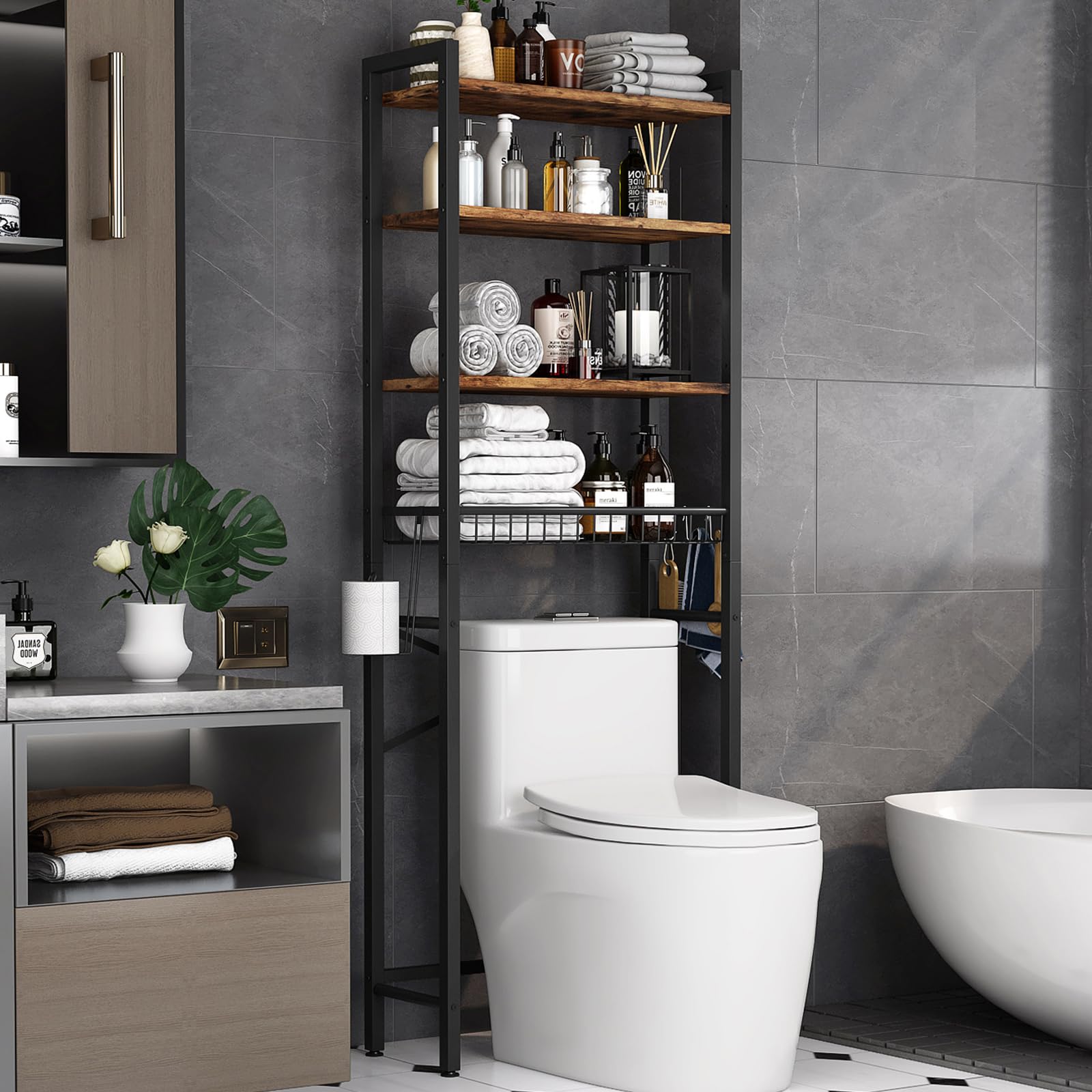 Vintage brown 4-tier freestanding over-the-toilet storage shelf with adjustable shelf and basket