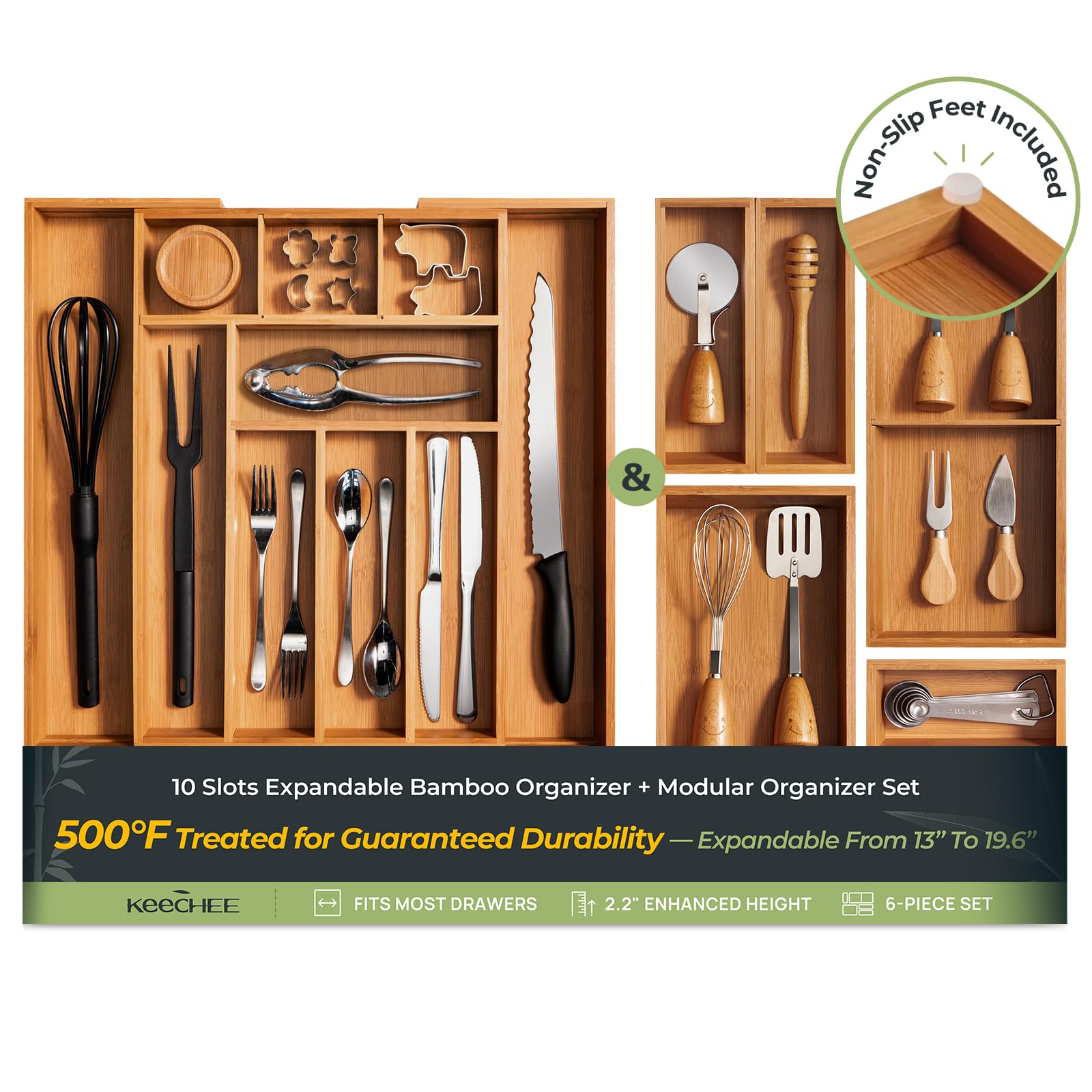 keechee 6-Piece Bamboo Drawer Organizer Set, 2.2" Deep Multi-Use Organizers for Utensils, Silverware, Cutlery, Desk, Bathroom, Junk Drawer & Makeup, Non-Slip Feet Included.