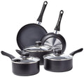 Black Amazon Basics 8-piece nonstick cookware set showing pots and pans