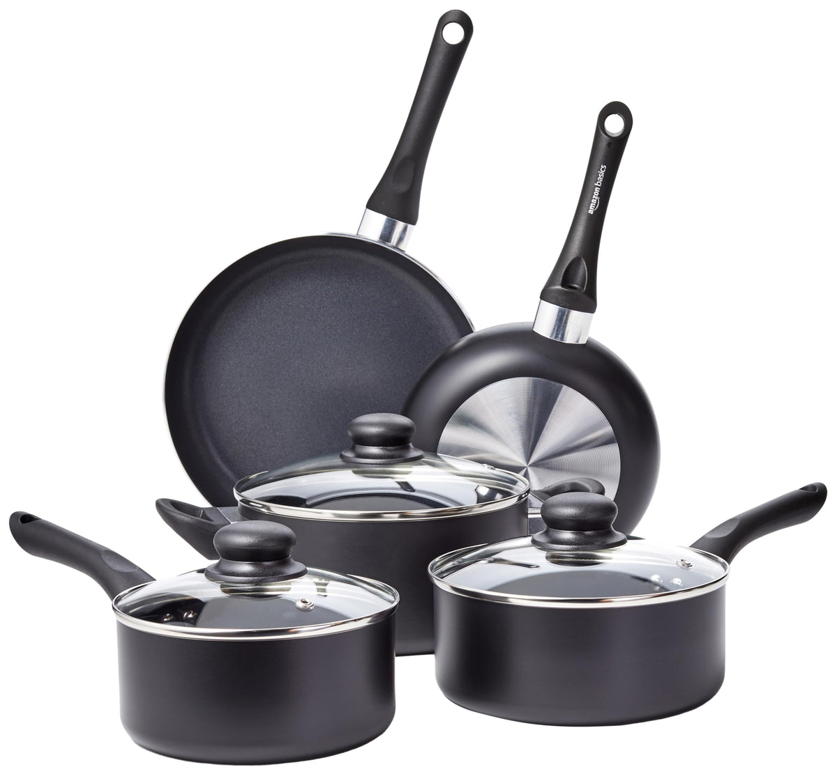 Black Amazon Basics 8-piece nonstick cookware set showing pots and pans