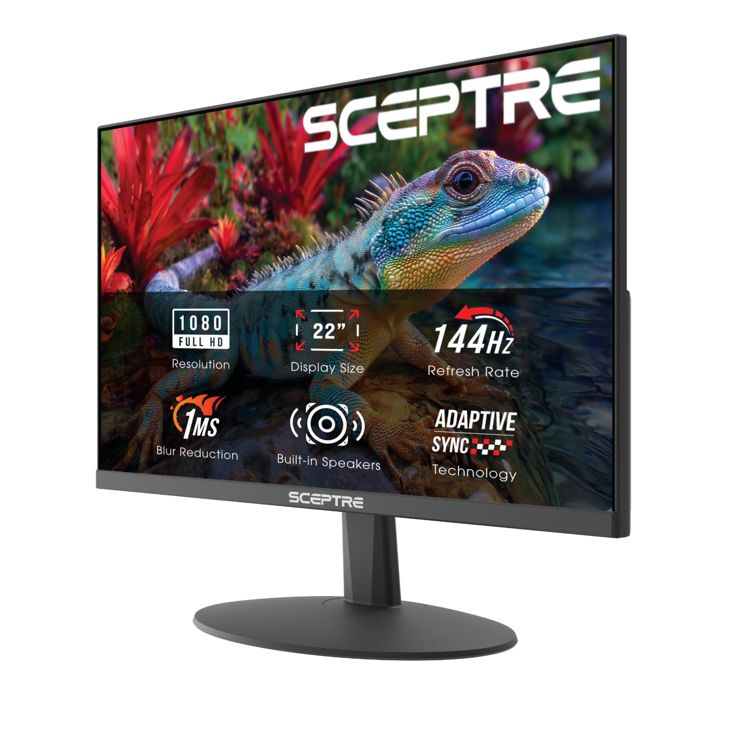 Sceptre 22-inch black gaming monitor with slim bezels and built-in speakers displaying a desktop screen