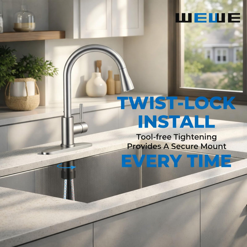 WEWE High-Arc Pull-Down Kitchen Faucet, Brushed Nickel, 3-Mode Sprayer image 8