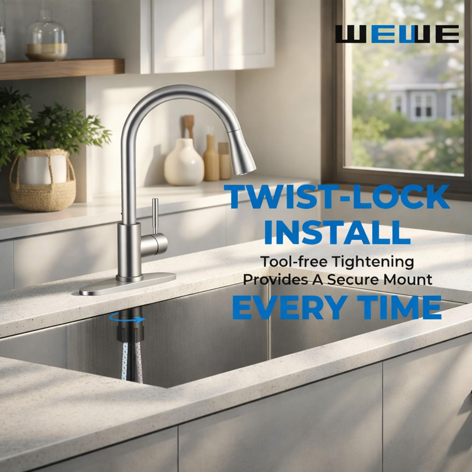 WEWE High-Arc Pull-Down Kitchen Faucet, Brushed Nickel, 3-Mode Sprayer image 8