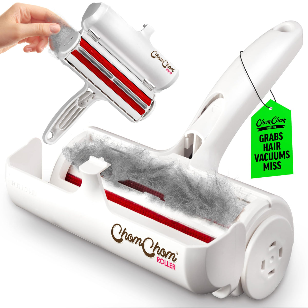 White ChomChom Roller reusable lint remover removing pet hair from a couch