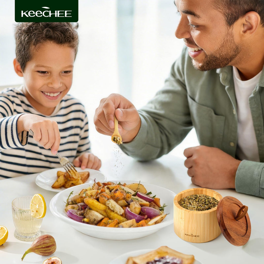 keechee Bamboo Salt Box with Acacia Lid & Spoon, 7.7oz Capacity with Built-In Spoon Slot & Labels, Two-Tone Countertop Seasoning Container (Single Compartment - 1 Pack) image 9