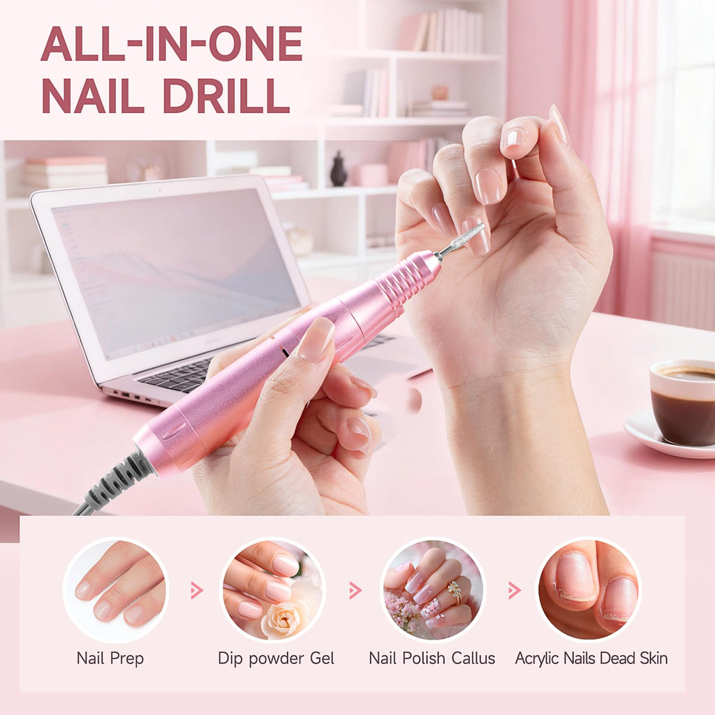 Professional Nail Drill Electric File 45000RPM, Portable Rechargeable Electric Nail File with 11 Drill Bits & 50 Sanding Bands, Low Noise Nail Drill Kit for Acrylic Gel Nails, Salon & Home Use, Pink image 7