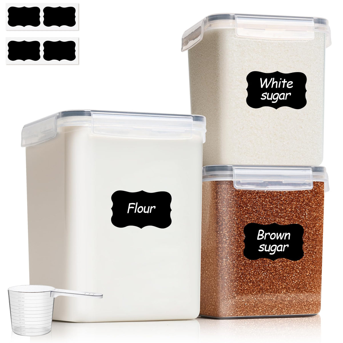 Three ComSaf airtight plastic containers for flour and sugar, two sizes with wide-mouth lids