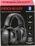 Black PROHEAR Bluetooth hearing protection earmuffs with padded headband and control buttons