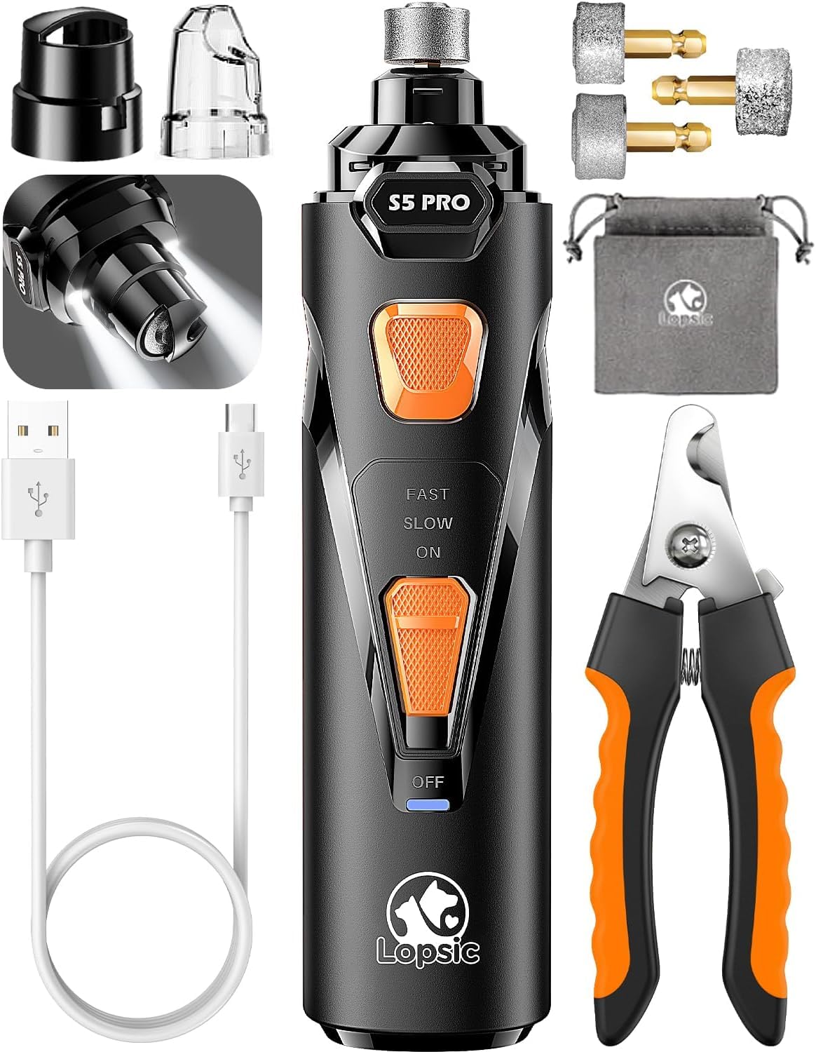 Handheld whisper-quiet electric dog nail grinder featuring safety guard
