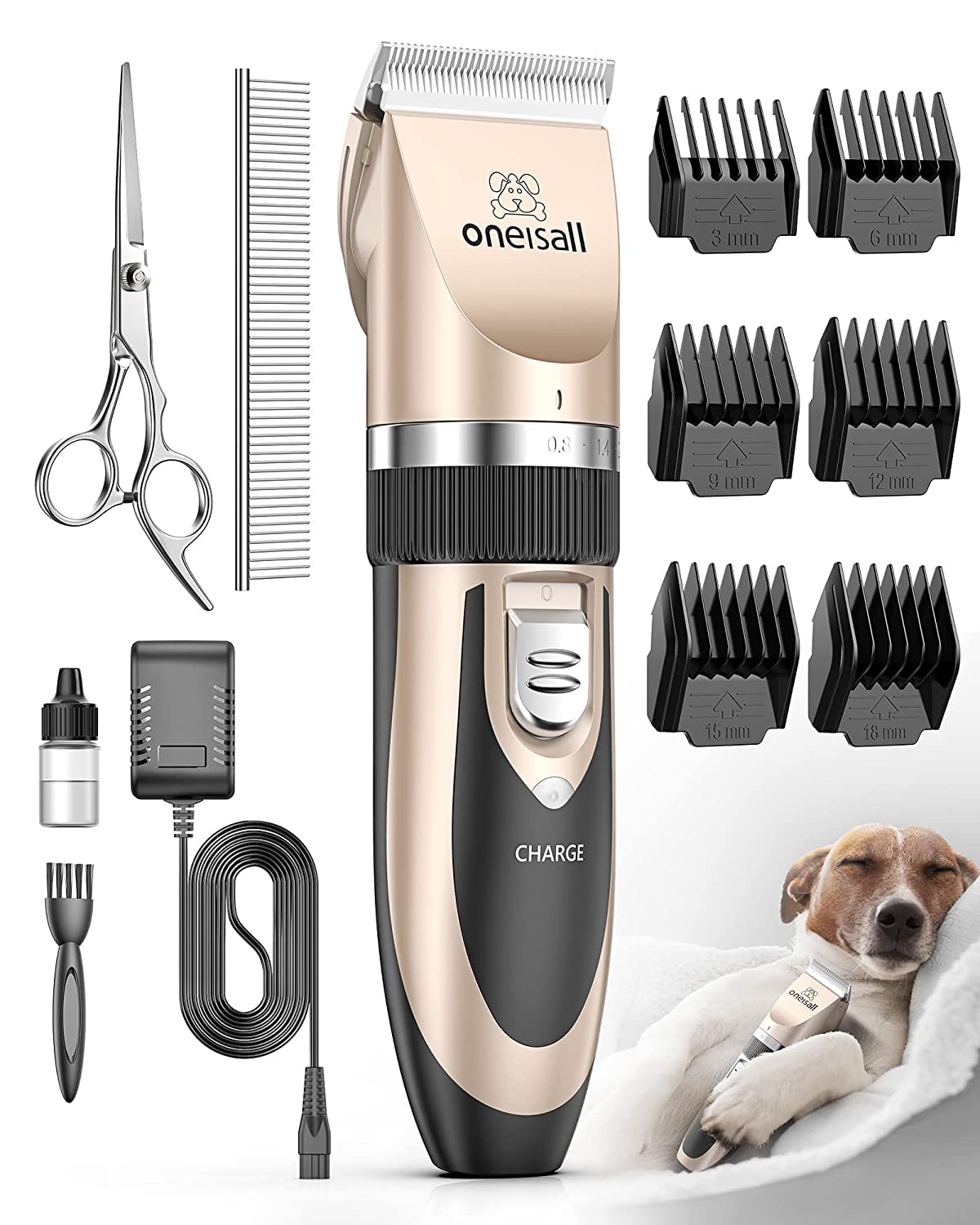 oneisall low-noise cordless dog clippers; stainless steel blade, comb attachments