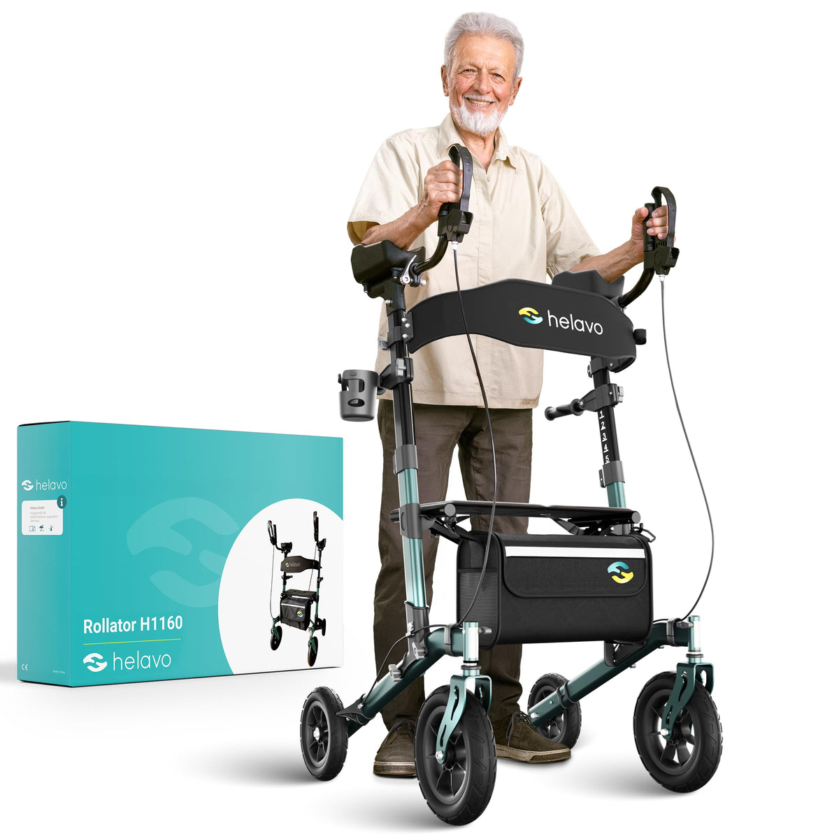 Helavo foldable upright walker seat rubber tires on white background