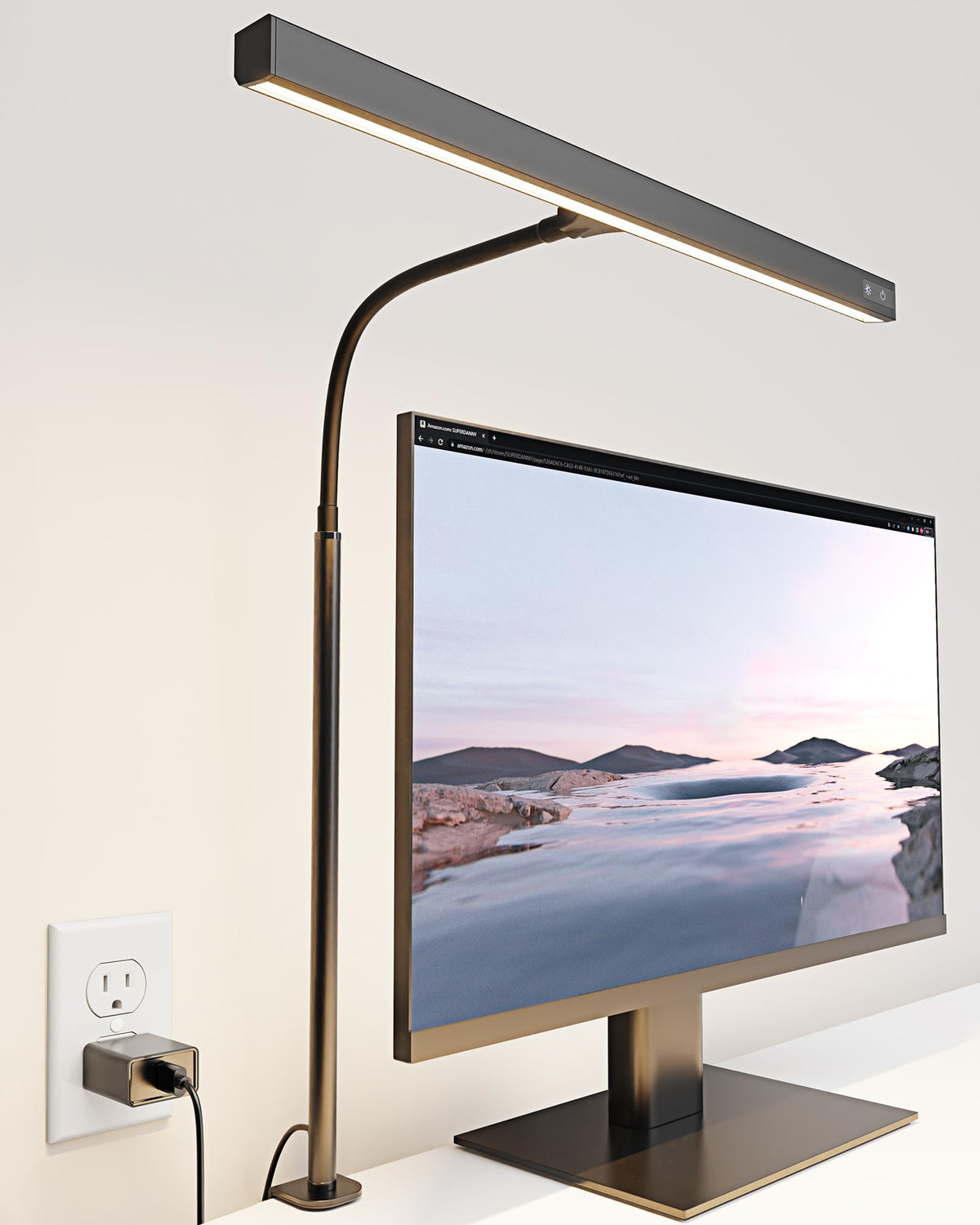 SUPERDANNY adjustable gooseneck LED desk lamp clamped to desk, touch dimmer