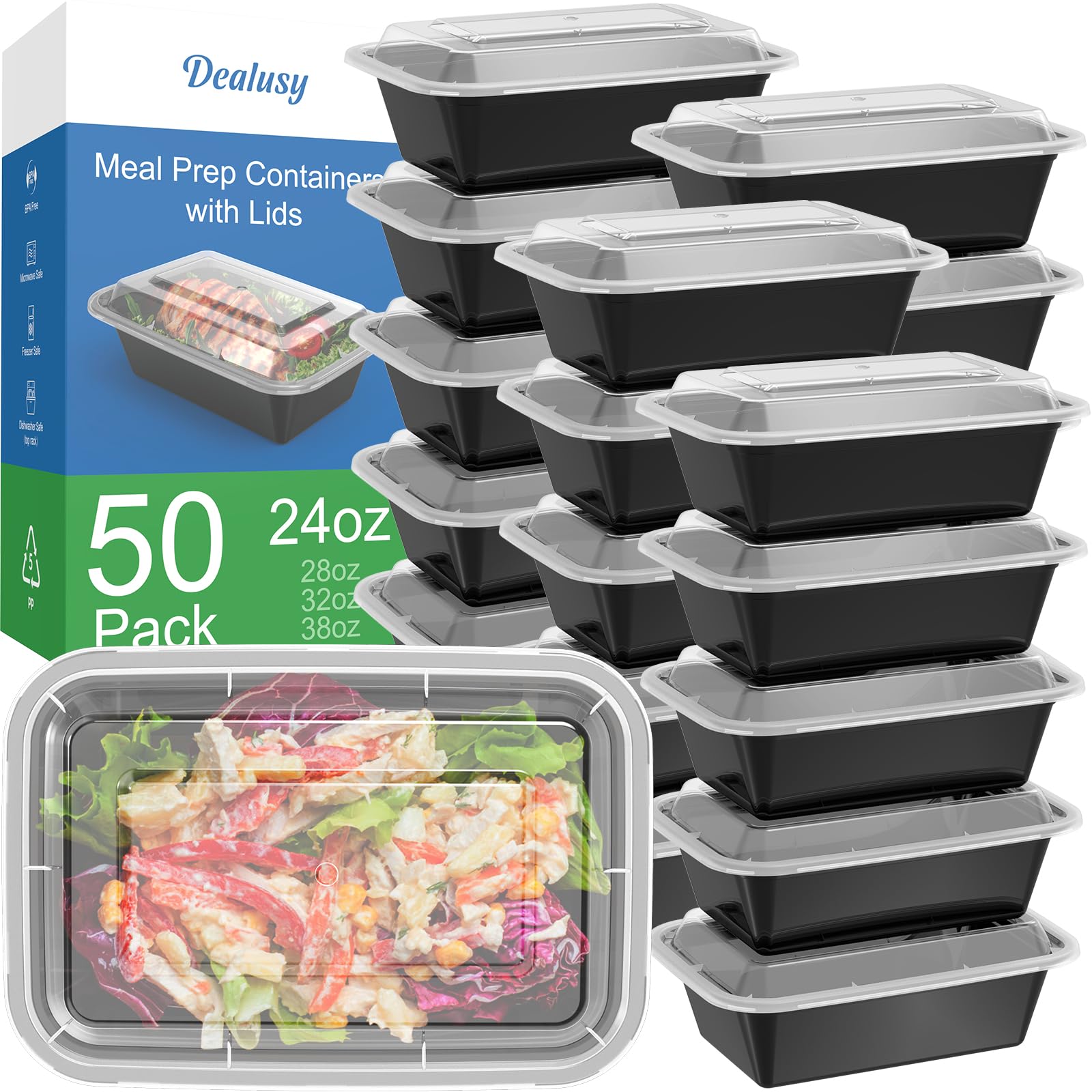Clear 24 oz plastic meal prep containers stacked with matching lids