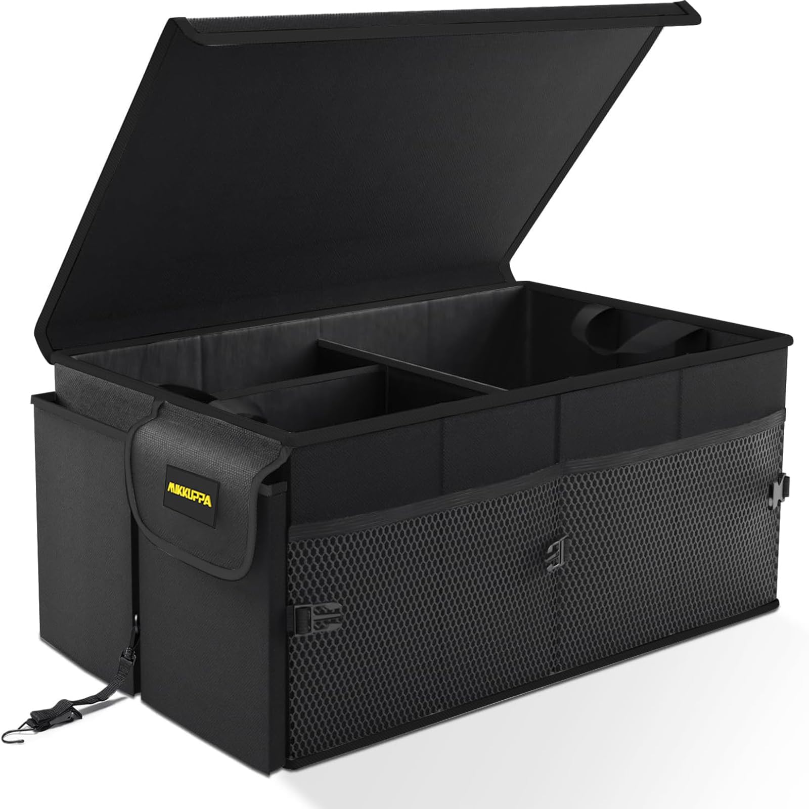 Black MIKKUPPA 65L collapsible trunk organizer with lid in a car trunk