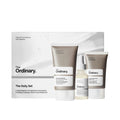 The Ordinary Daily Skincare Trio: Squalane Cleanser bottle, Hyaluronic Acid 2% + B5 serum, Natural Moisturizing Factors + HA