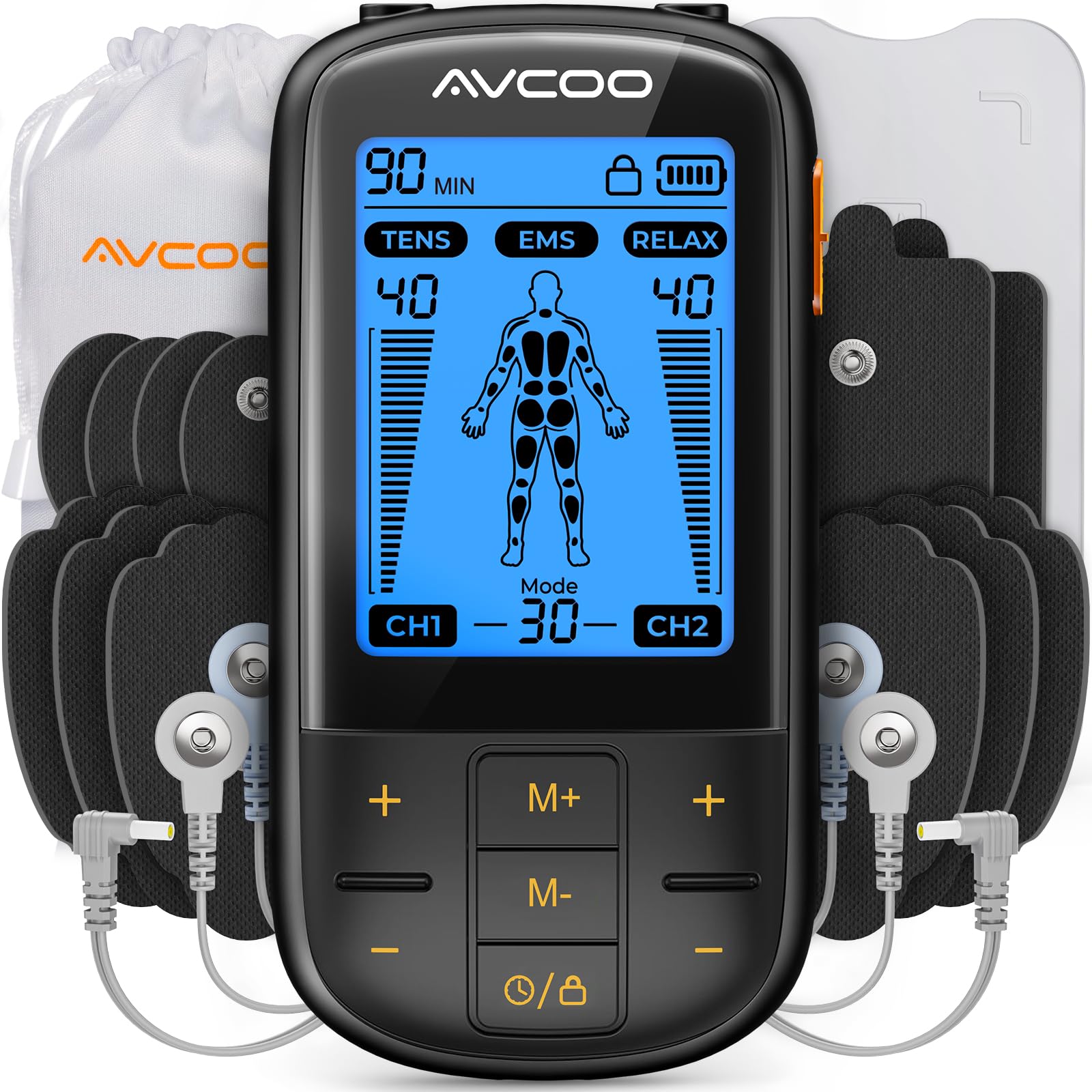 AVCOO 3-in-1 TENS muscle stimulator device with control unit and electrode pads