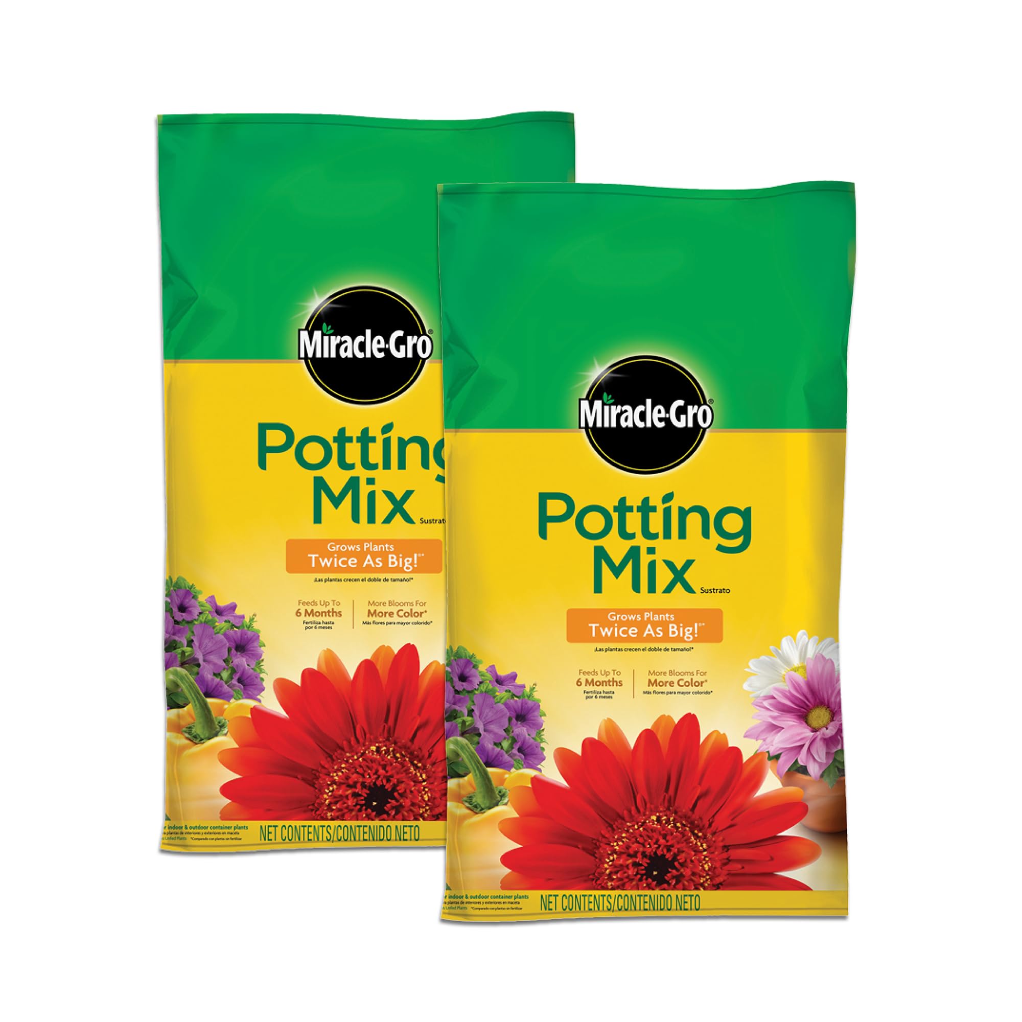 Two 16 qt bags of Miracle-Gro Potting Mix on white background