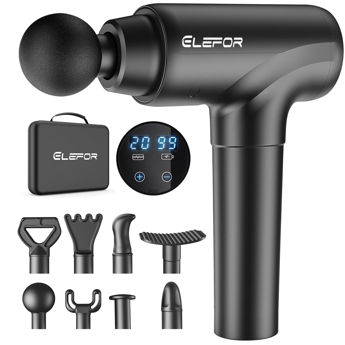 Matte black Elefor deep tissue massage gun showing interchangeable massage heads