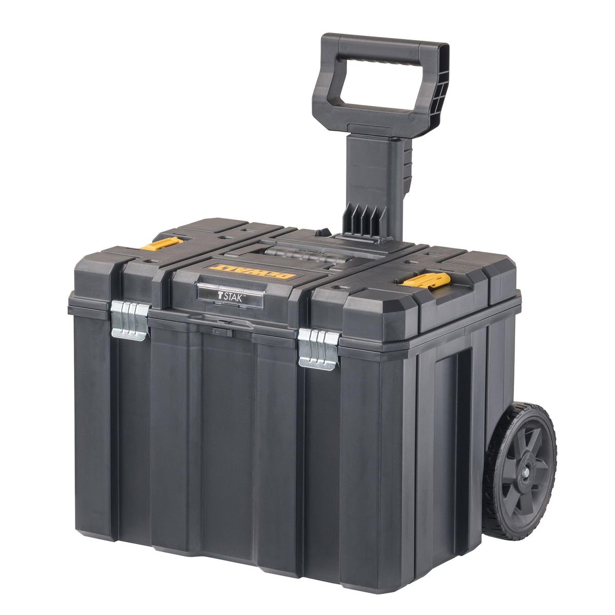 DEWALT yellow and black large rolling toolbox with telescopic handle and wheels, modular stackable design