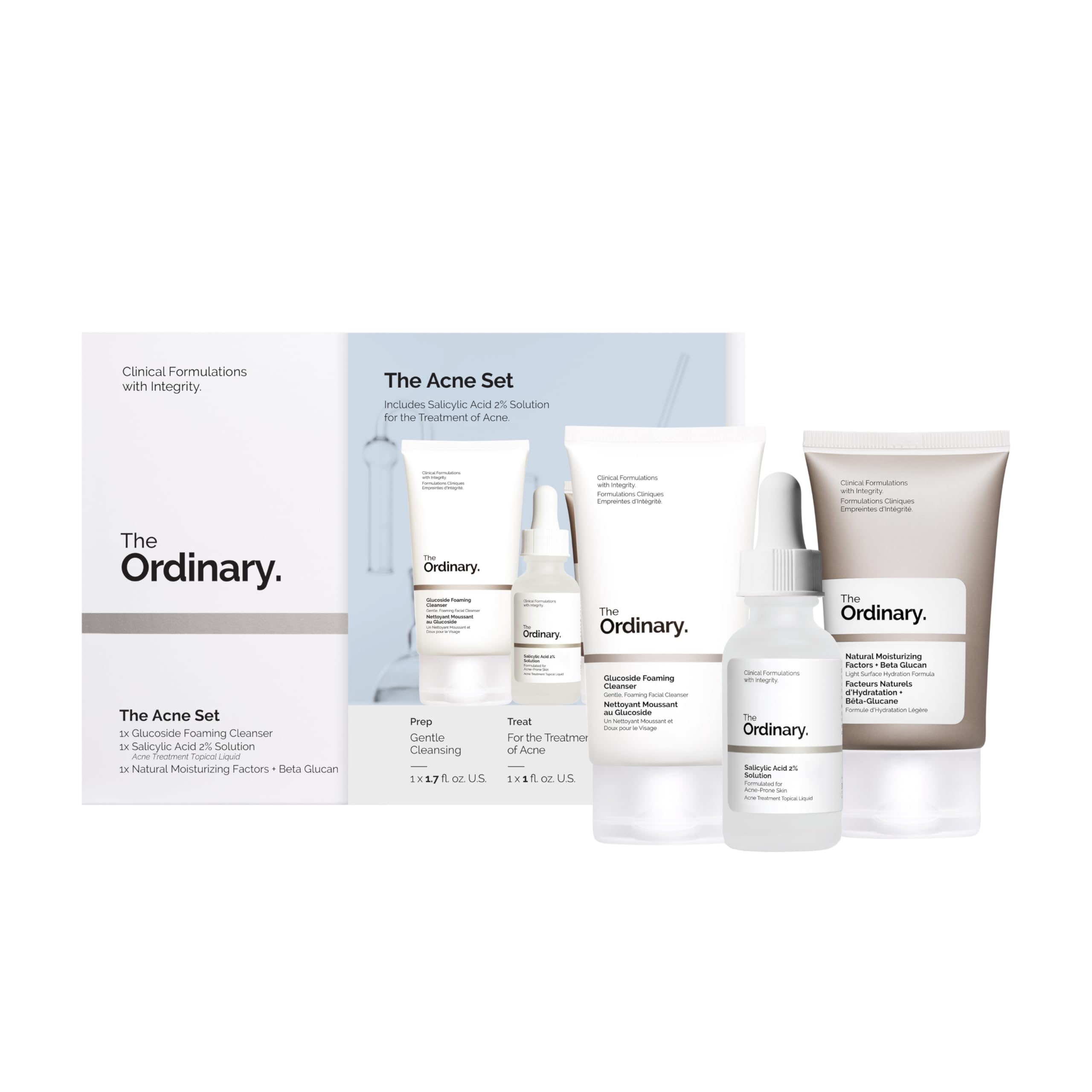 The Ordinary three-piece acne regimen: foaming cleanser bottle, salicylic acid dropper, moisturizer