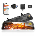WOLFBOX 12-inch mirror dash cam mounted on rearview mirror showing dash display, backup camera view