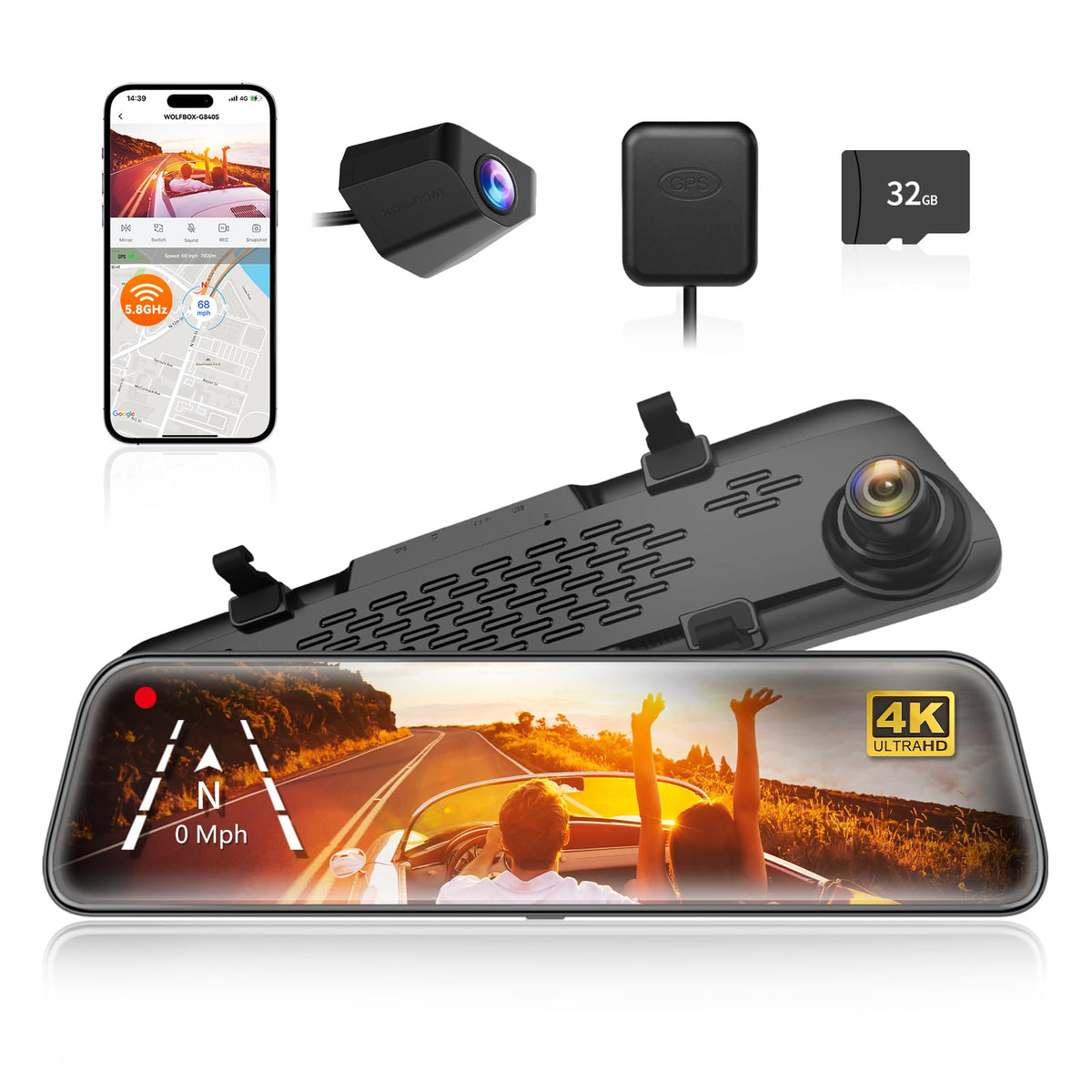 WOLFBOX 12-inch mirror dash cam mounted on rearview mirror showing dash display, backup camera view