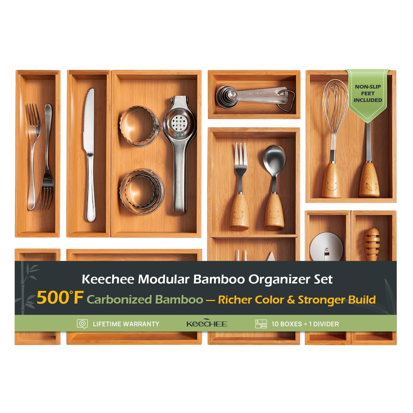 keechee 10-Piece Drawer Organizer Set, 2.2" Deep Multi-Use Organizers for Utensils, Silverware, Cutlery, Desk, Bathroom, Junk Drawer & Makeup, Non-Slip Feet Included.