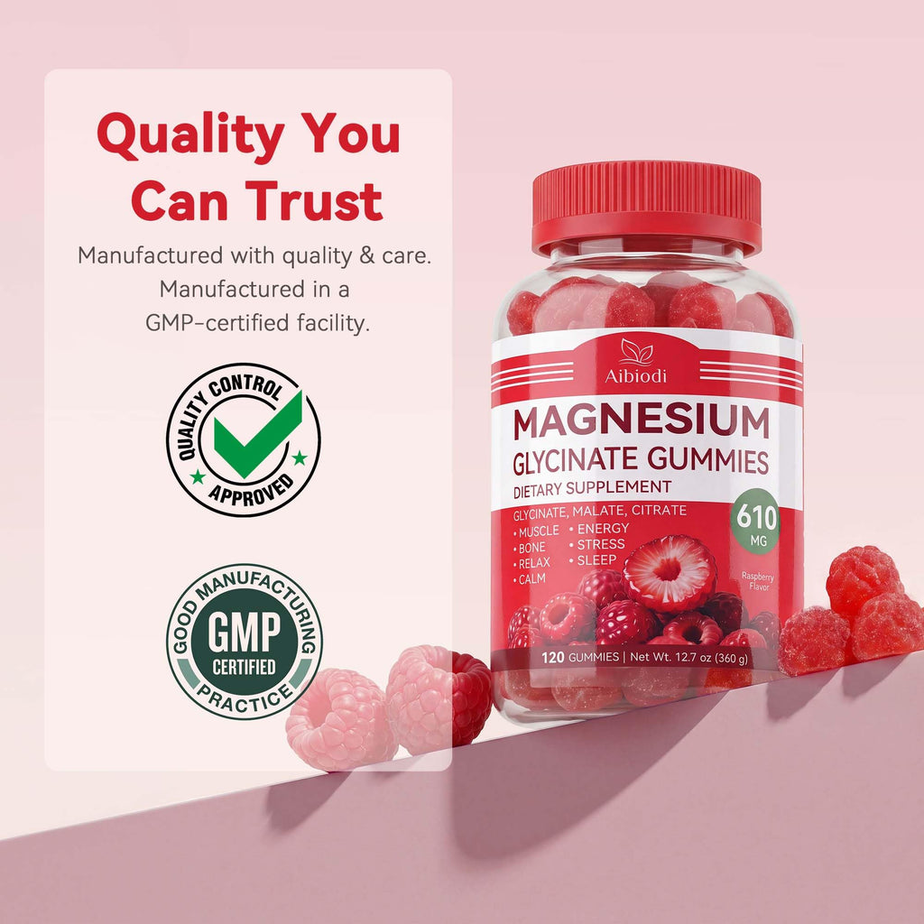 Aibiodi Magnesium Glycinate Gummies 610mg, Magnesium Glycinate, Citrate, Malate Gummies for Adults & Kids, Sleep, Relaxation, Muscle & Bone Support, 120 Chews, Raspberry Flavor image 9