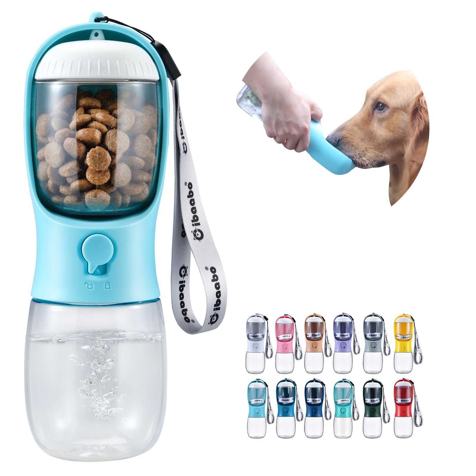Portable Cibaabo dog water bottle, attached food container, filter