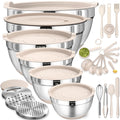 Khaki stainless steel mixing bowls with airtight lids, non-slip bottoms and grater attachments