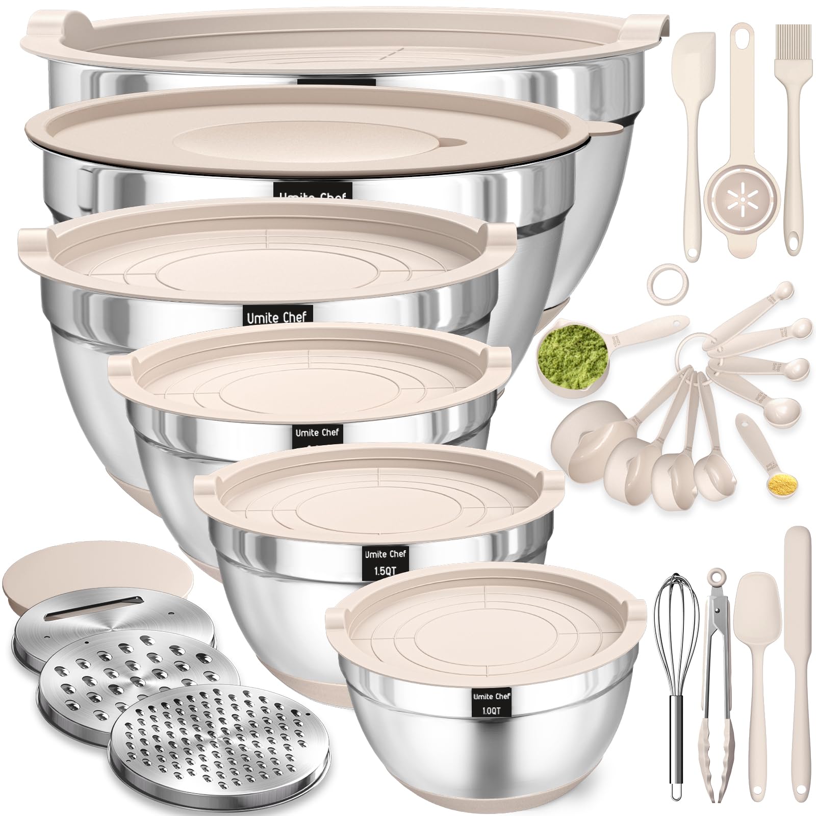 Khaki stainless steel mixing bowls with airtight lids, non-slip bottoms and grater attachments