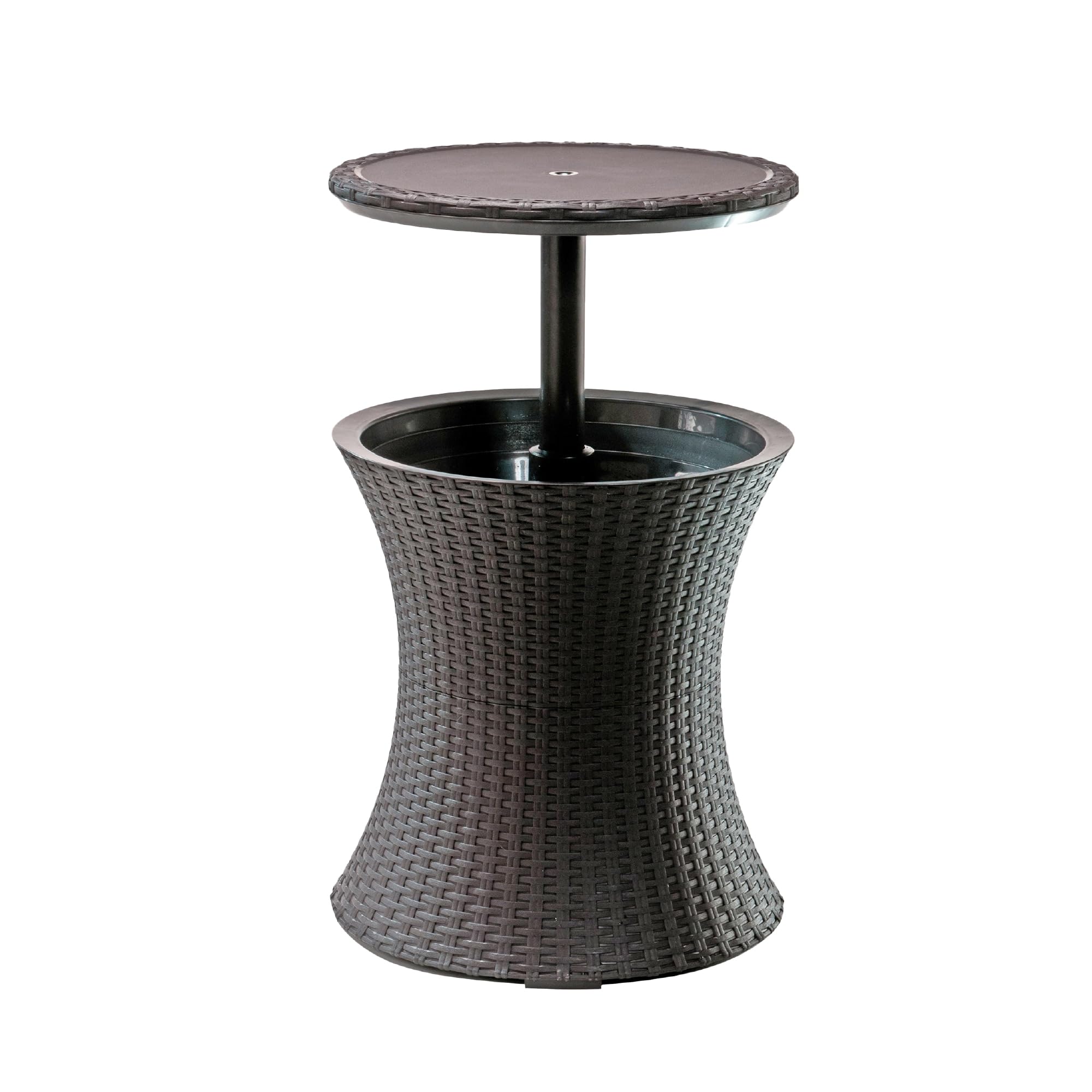 Espresso brown Keter Pacific Cool Bar side table, built-in 7.5 gallon cooler