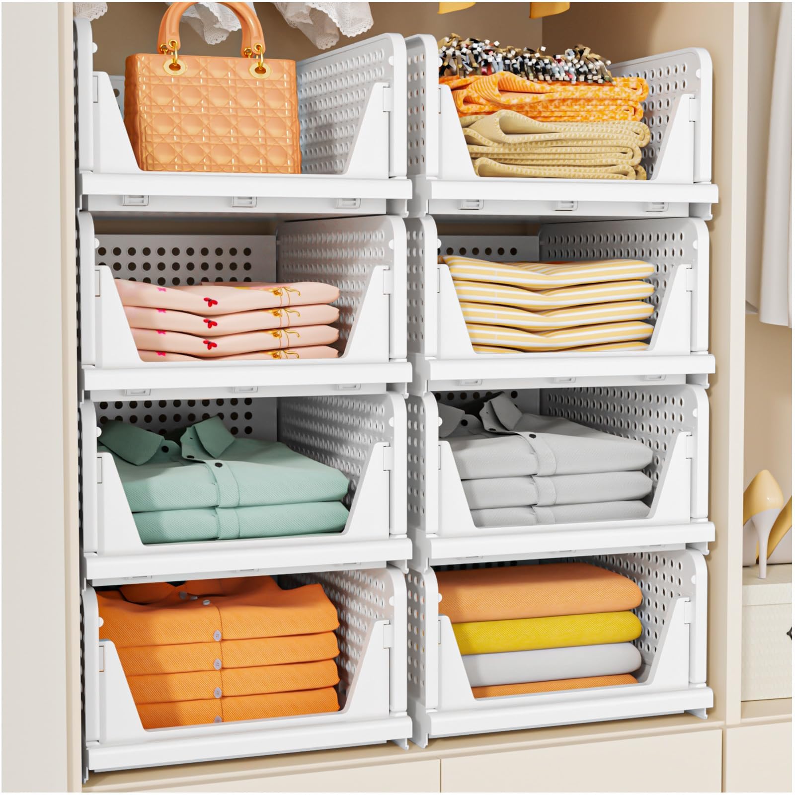 SNSLXH stackable closet organizer baskets stacked on a closet shelf