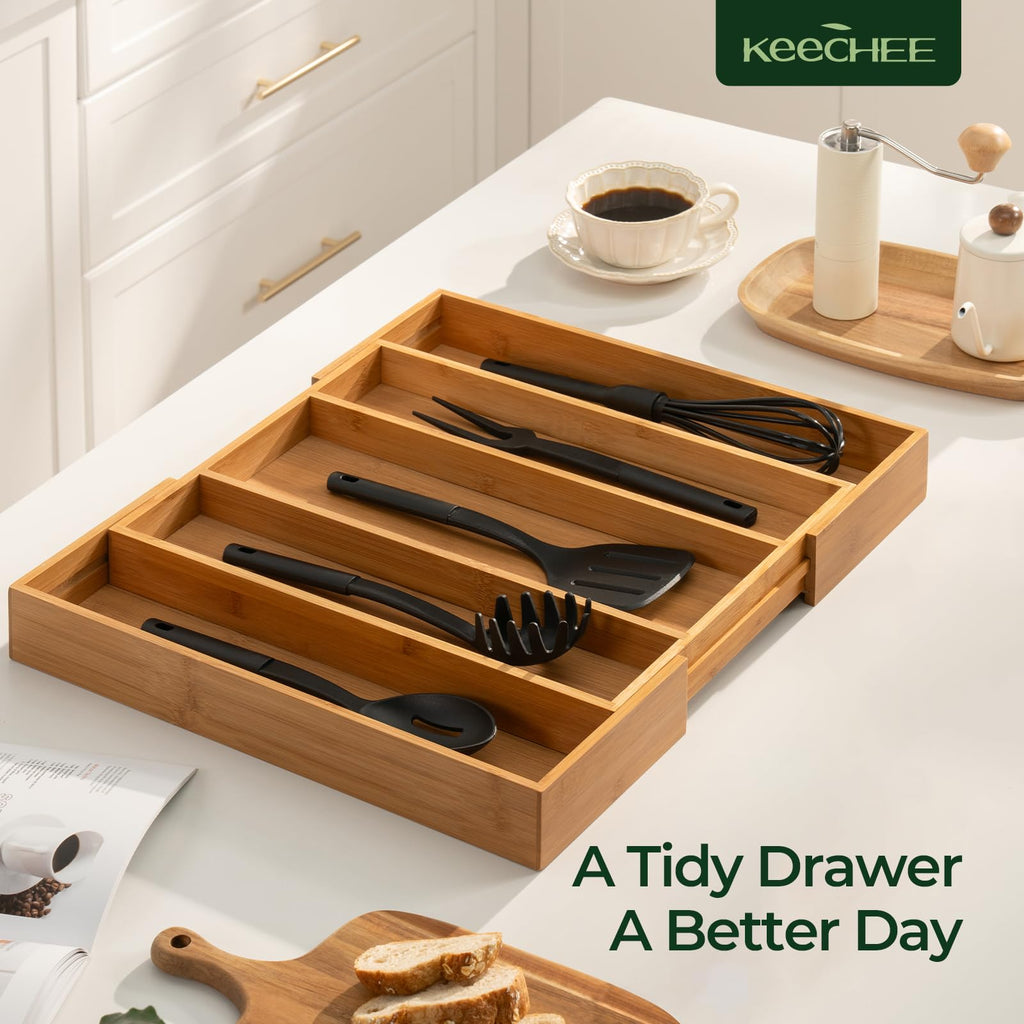 Carbonized Kitchen Drawer Organizer, 5 Slots Expandable Silverware Organizer, Utensil Holder & Cutlery Tray, 2.2" Deep for Extra Capacity, Non-Slip Feet Included. image 9