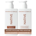 Native Coconut & Vanilla shampoo and conditioner bottles on white background