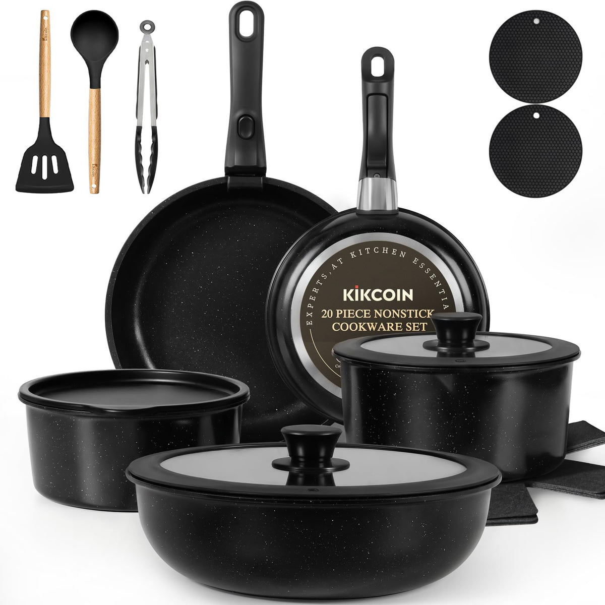 Black stackable nonstick pots and pans featuring removable handle on countertop
