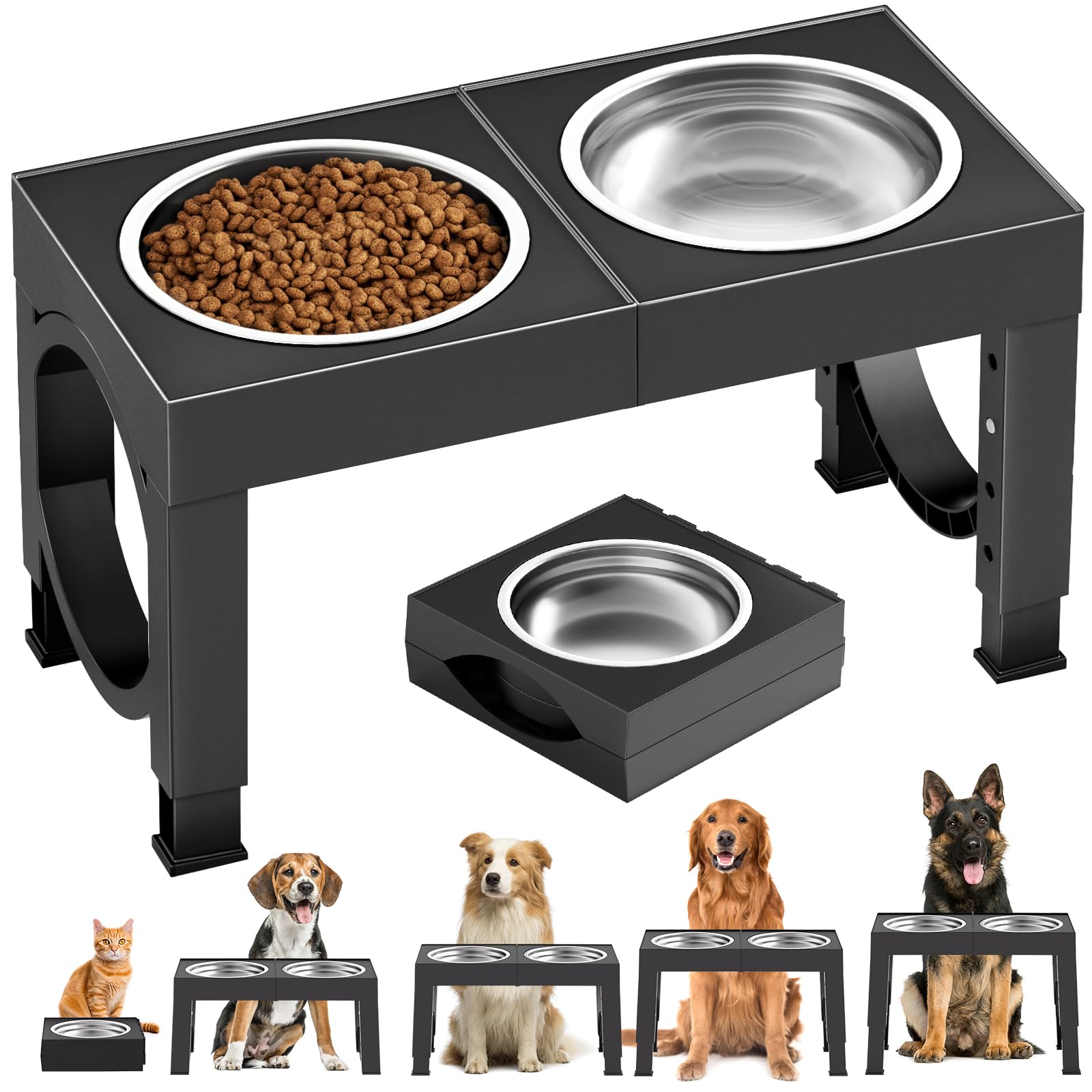 Black adjustable elevated stainless steel dog bowl stand with two removable bowls