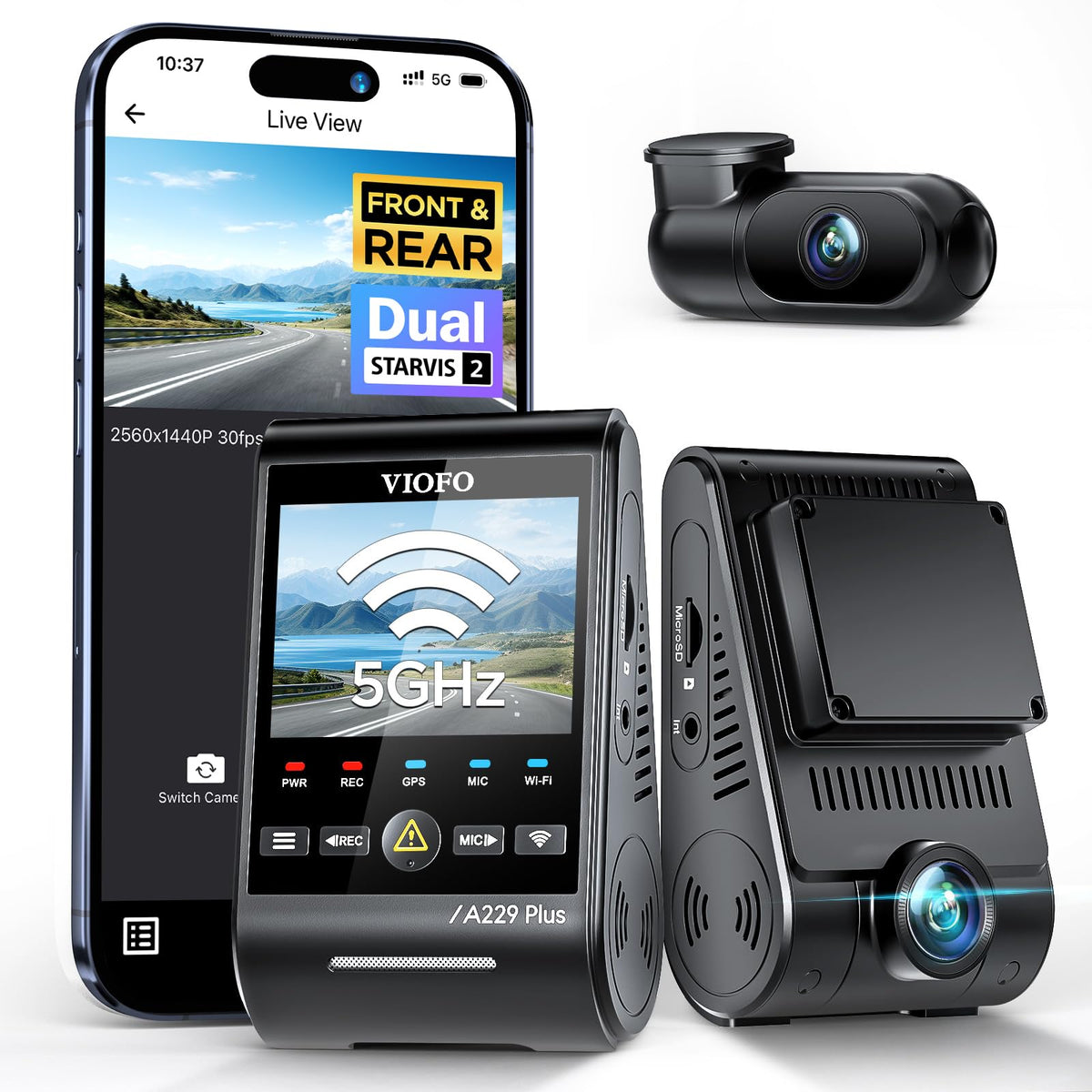 VIOFO A229 Plus front rear dash cam mounted on car windshield