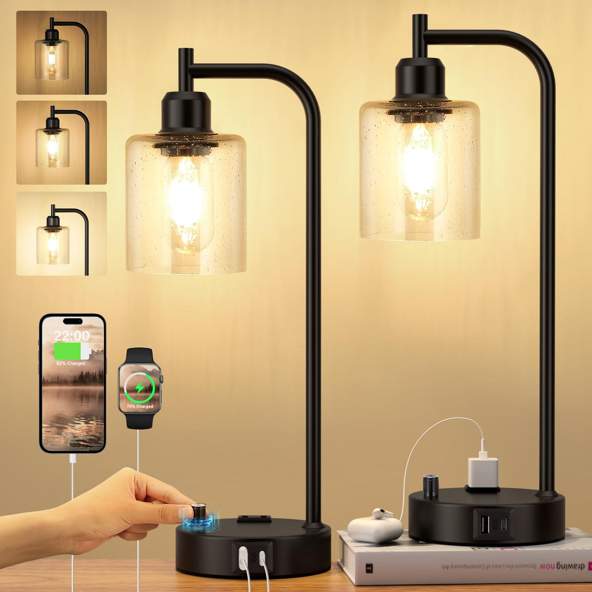Two Innqoo industrial metal dimmable bedside lamps on a nightstand, showing adjustable arms, exposed bulbs