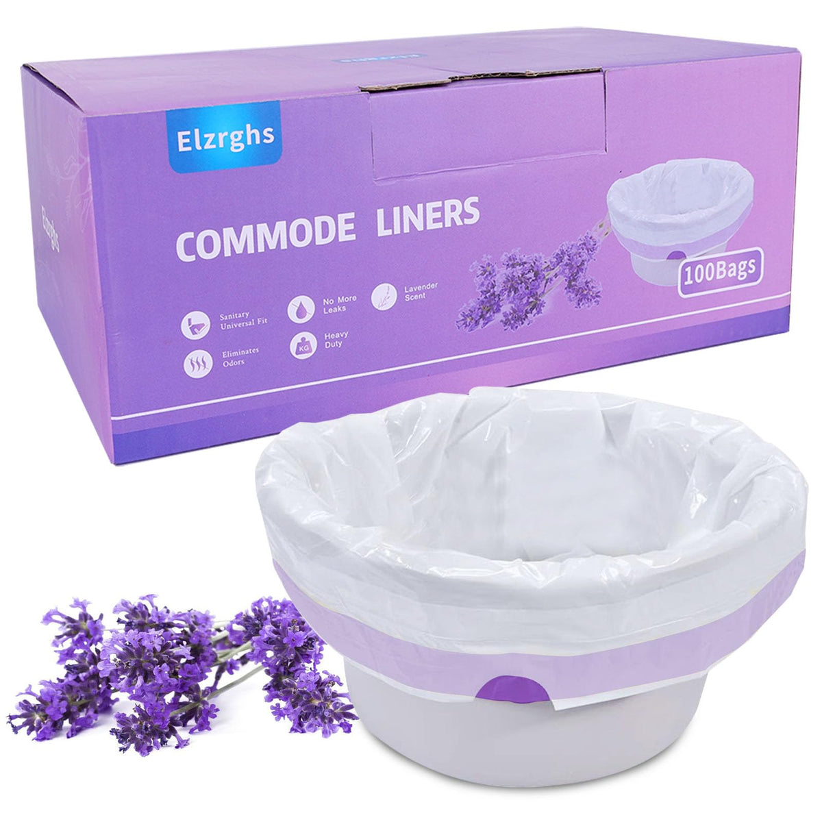 Elzrghs lavender-scented disposable commode liners on white background