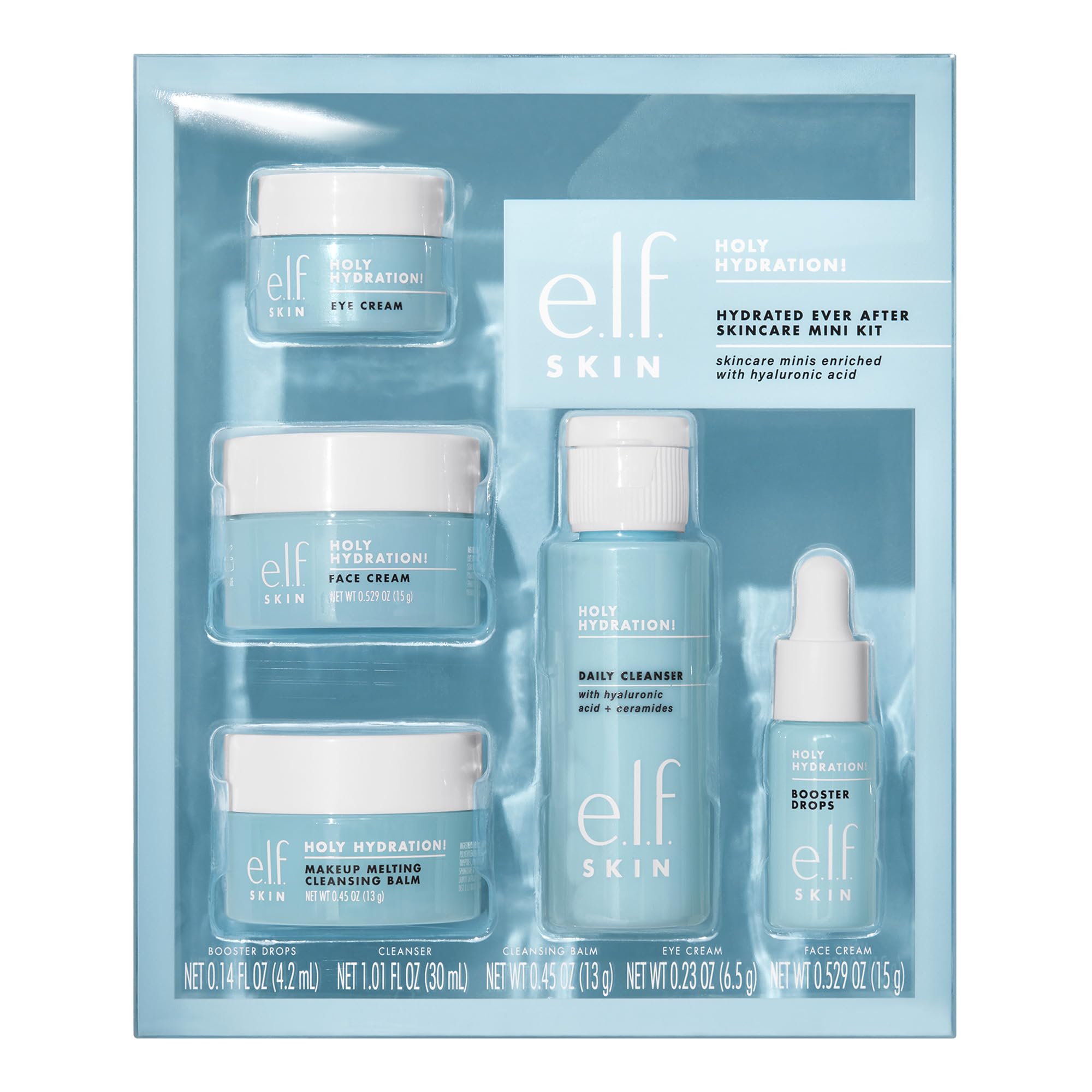 e.l.f. Holy Hydration mini travel kit, cleanser, makeup remover, moisturizer, eye cream