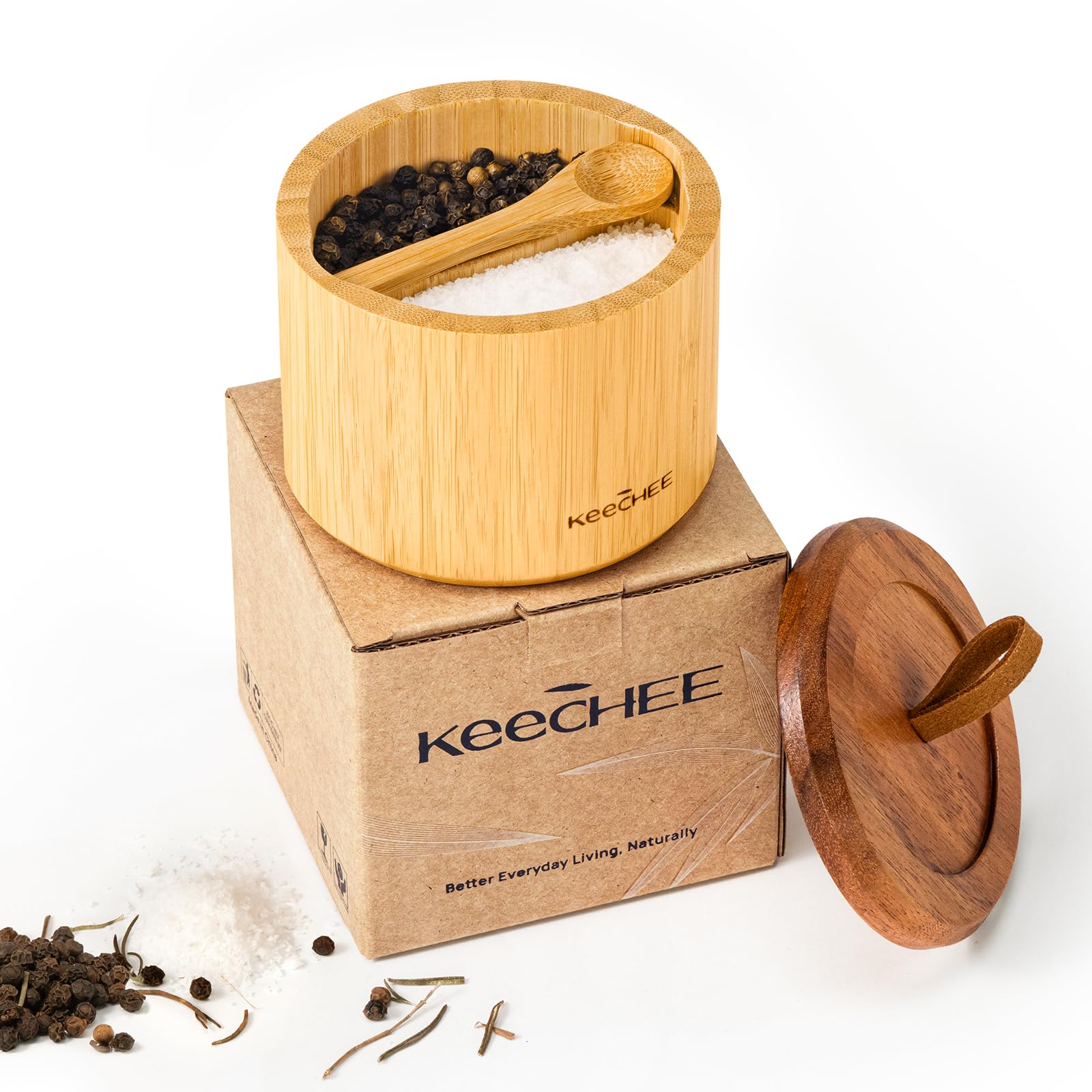 keechee Bamboo Salt Cellar with Acacia Lid & Spoon, 7oz Capacity with Built-In Spoon Slot & Labels, Two-Tone Countertop Seasoning Container (Dual Compartment (Divided) - 1 Pack)