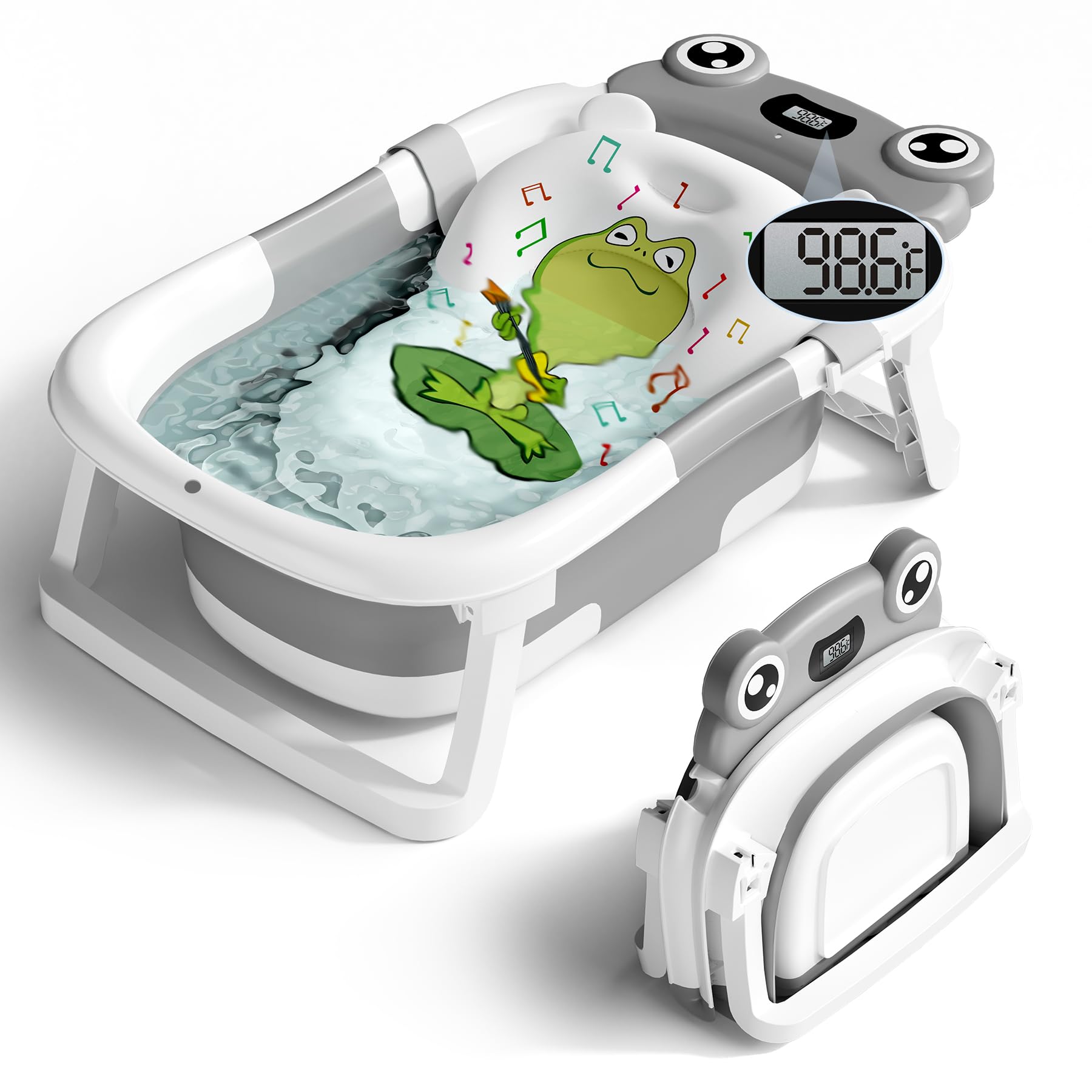 Grey Bunwag collapsible baby bathtub with soft cushion and built-in thermometer