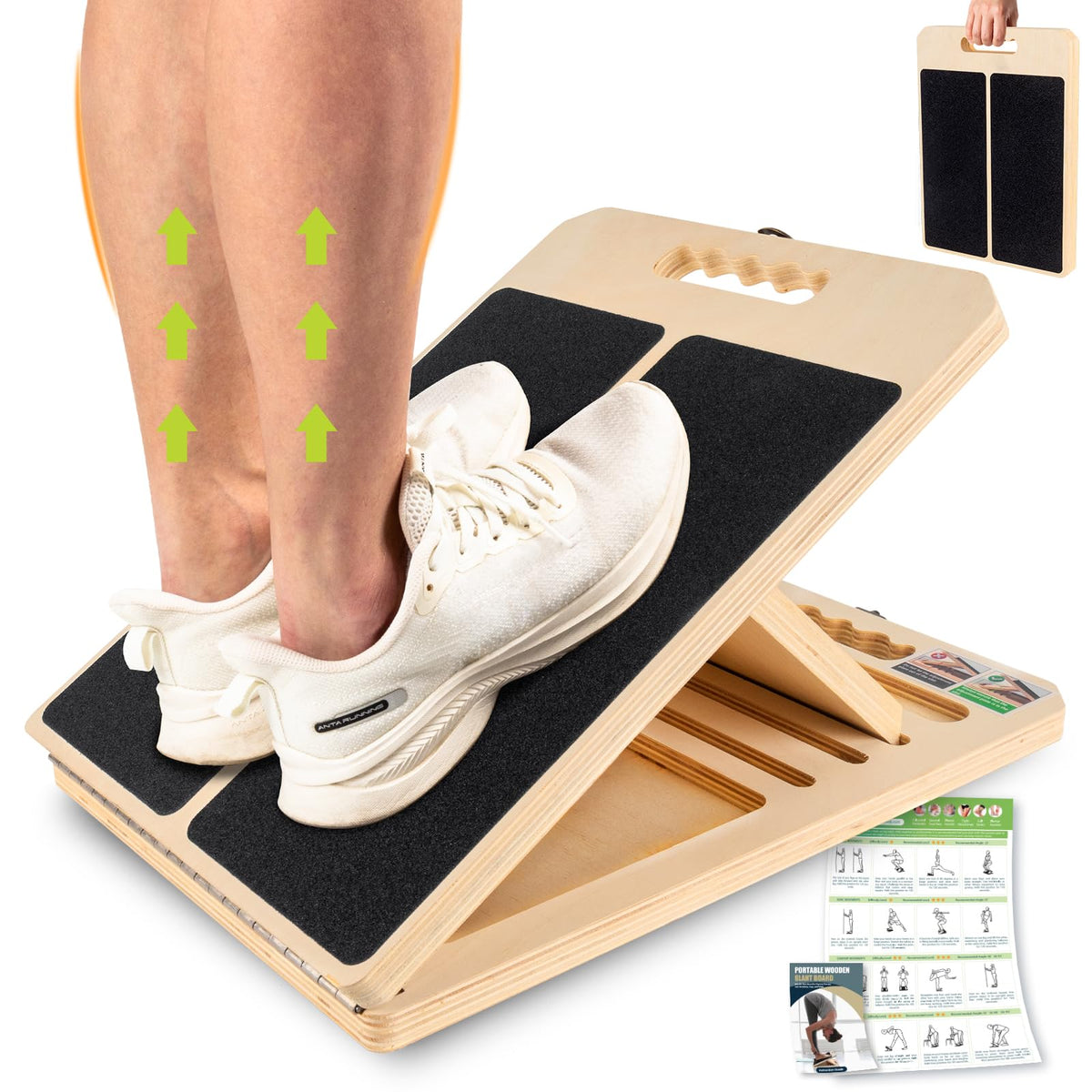 UOPON wooden adjustable calf stretch board on incline showing slatted surface, angle adjustment mechanism