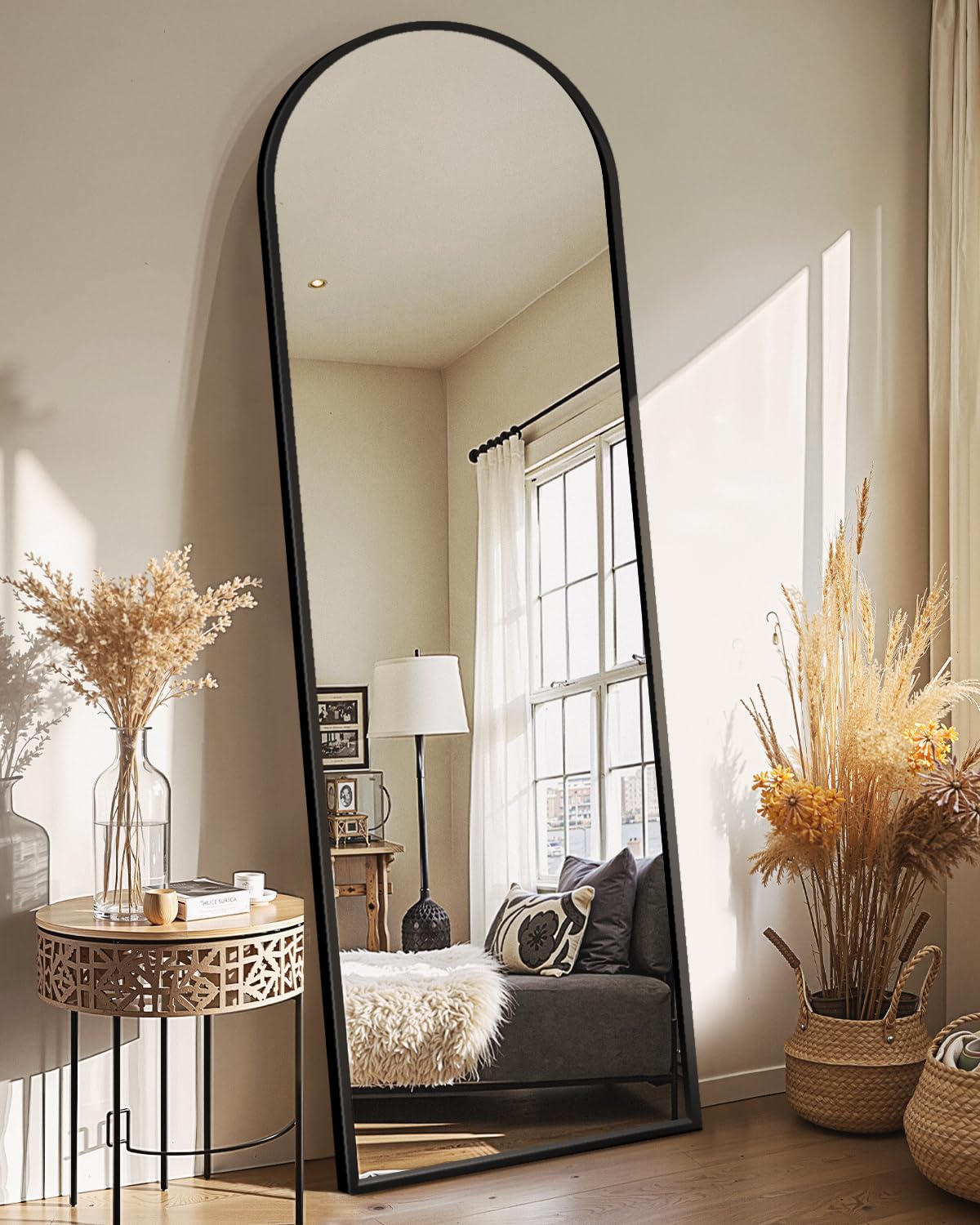 Delma black arched full-length standing floor mirror
