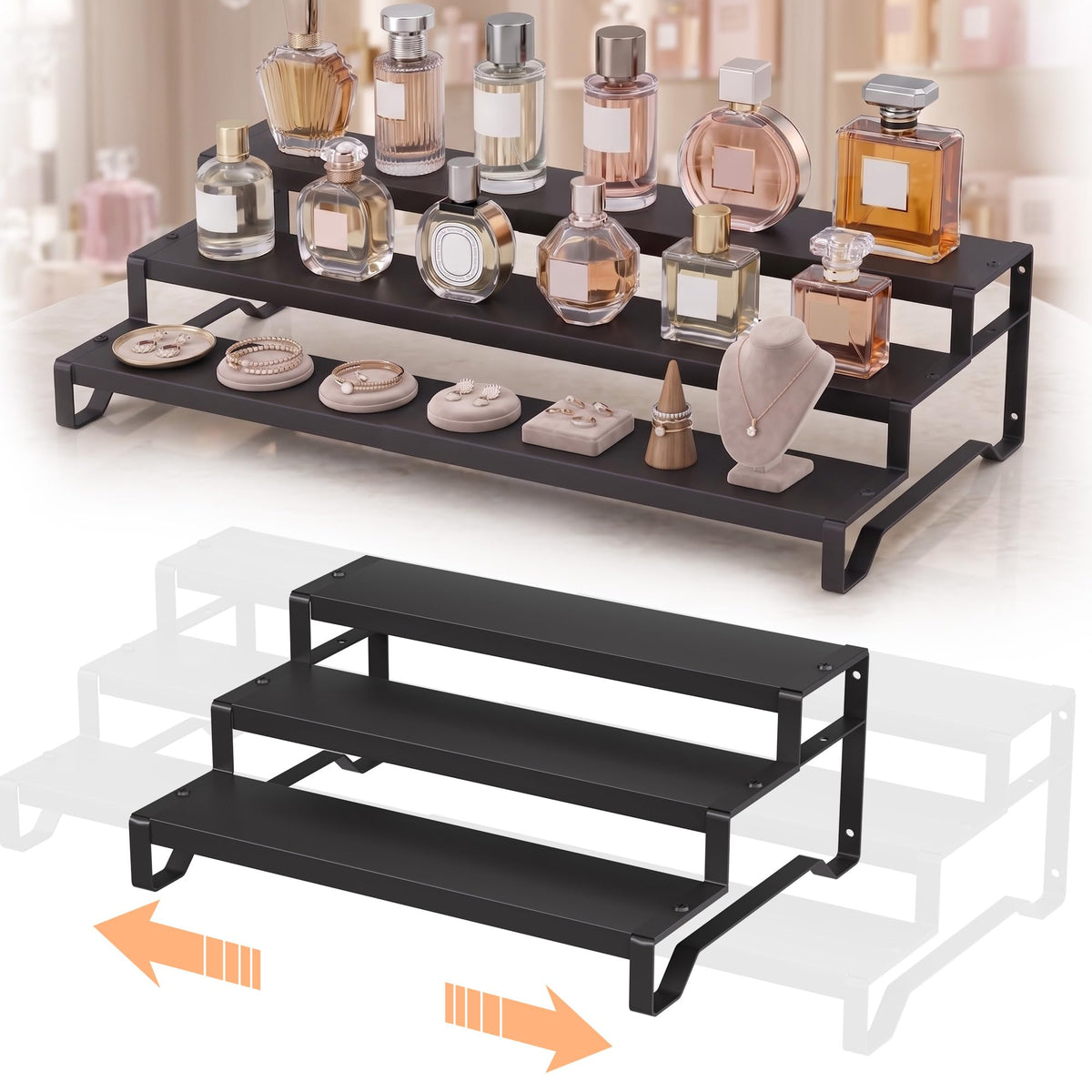 TrendyBin 3-tier expandable tabletop display riser assembled on a vendor booth table